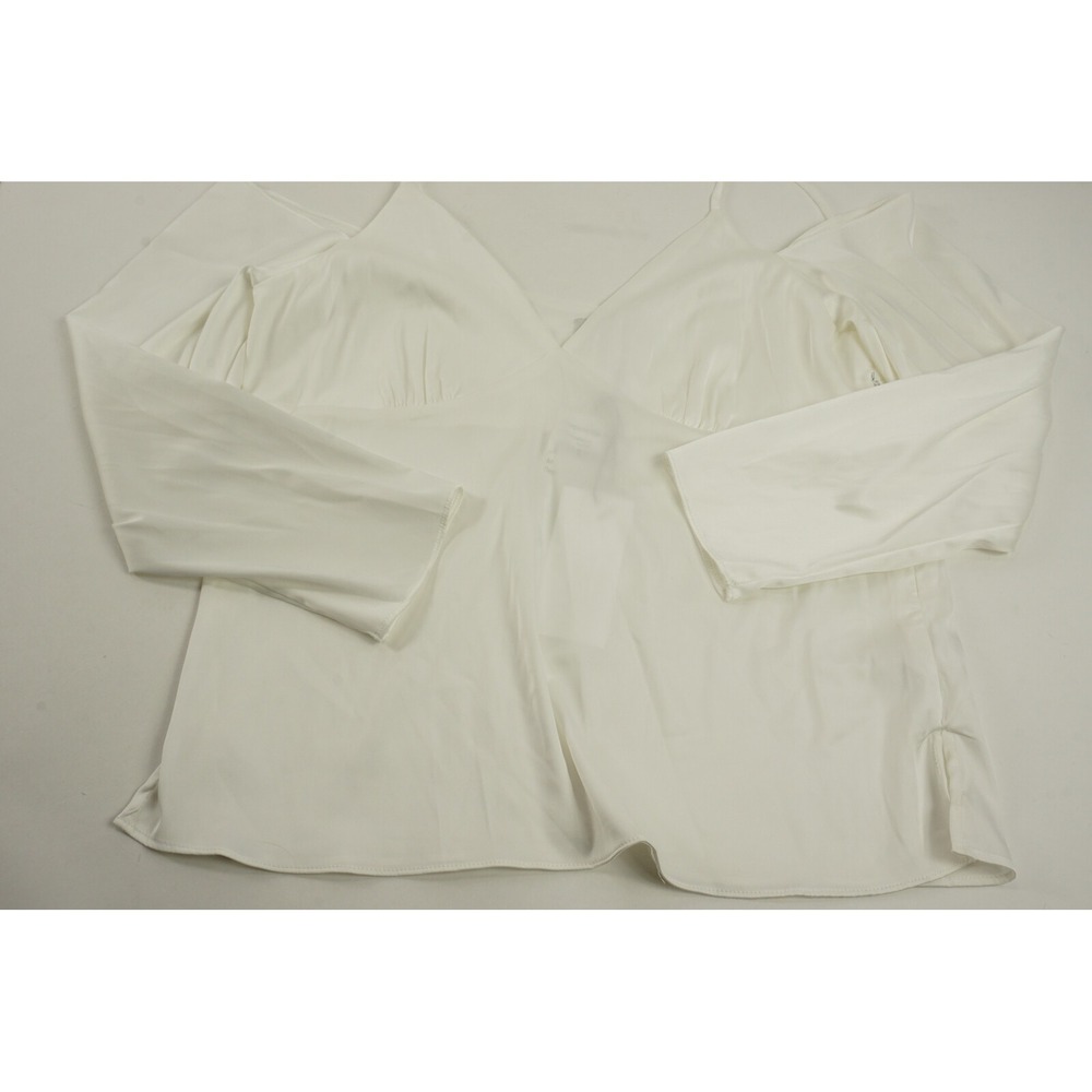 New WAYF Women Size M Ivory Satin Cold Shoulder Long Sleeve Spaghetti V-Neck Top